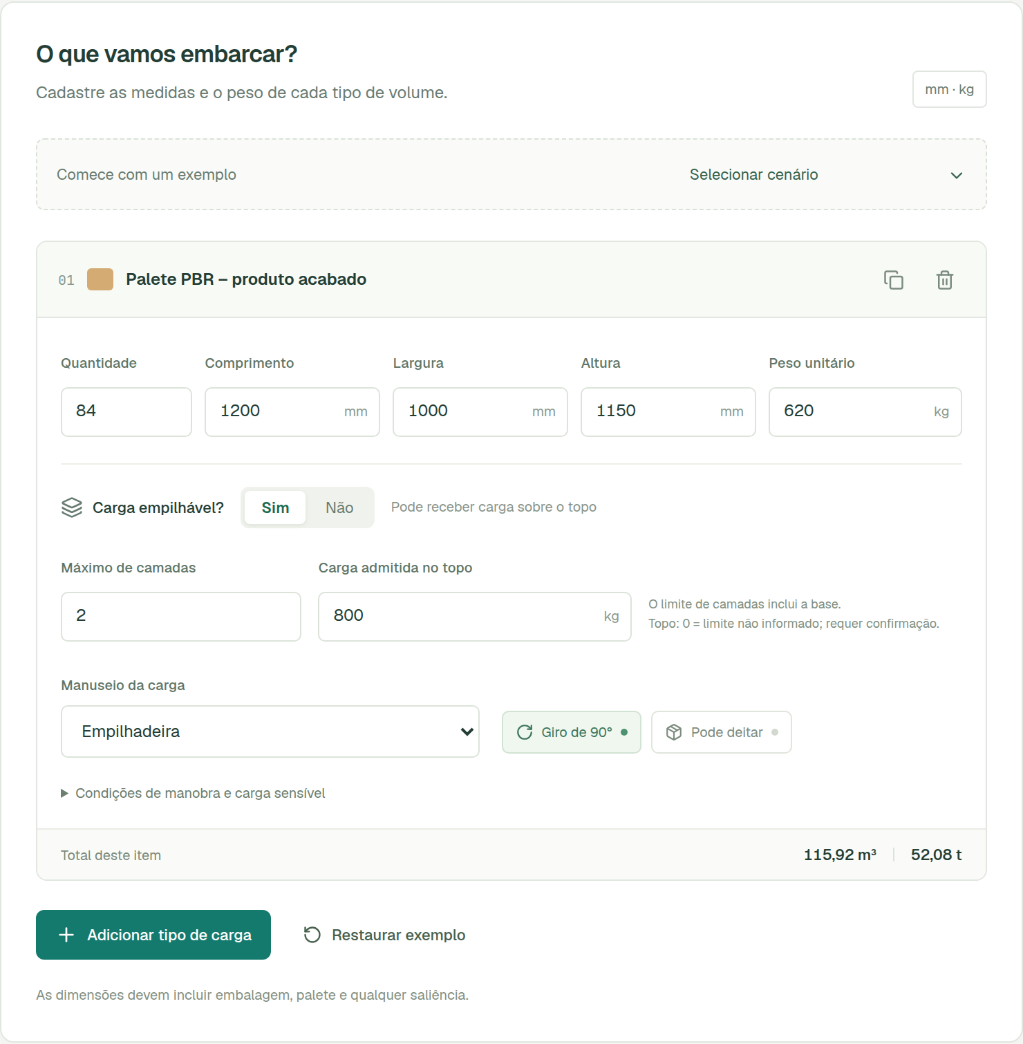 Editor da carga com 84 paletes PBR, dimensões de 1200 por 1000 por 1150 milímetros, peso unitário de 620 kg, duas camadas e manuseio por empilhadeira.